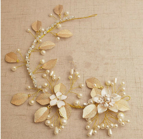 Women Boho Retro Pearl Gold Golden leaf Party Hair Head band Headband Fascinator