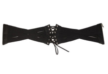 Women Black Retro Party Waist Elastic Wide Corset Belt band Tie up Zip Wrap