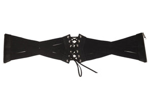 Women Black Retro Party Waist Elastic Wide Corset Belt band Tie up Zip Wrap