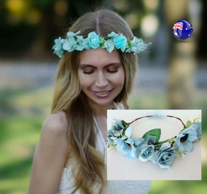 Women Ladies Blue Sun Flower Hair Headband Leaf crown Prop Garland Tiara ribbon