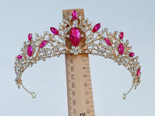 Women Bride Prom Pink Rhinestone Queen Crystal Gold Color Headband Tiara Crown