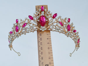 Women Bride Prom Pink Rhinestone Queen Crystal Gold Color Headband Tiara Crown