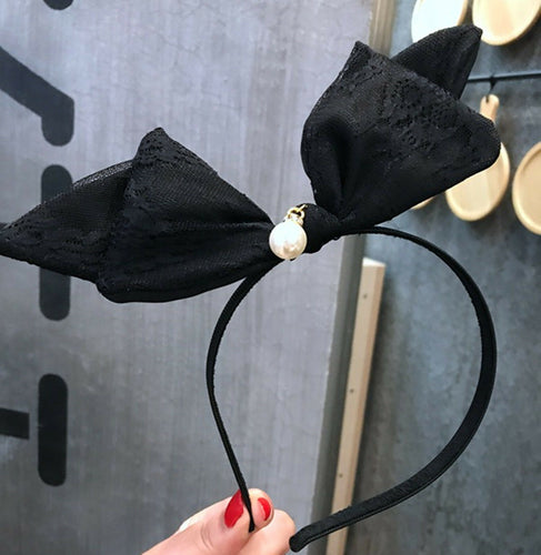 Women Girl Black Lace Bunny Bow Ribbon Pearl Party Hair Big Ear Headband band
