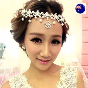 Women boho White Wedding Bride Crystal Lace Pearl Party Forehead Hair Headband