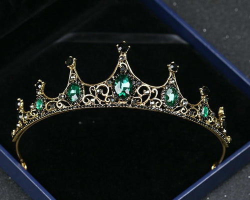 Women Girl Retro Green Crystal Royal Queen Rhinestone Hair Tiara Crown Headband