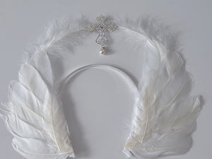 Women White Feather Cross Gothic Halo Hair Hoop Headband Crown Tiara Fascinator