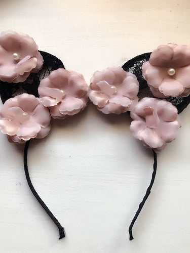 Women Girl Black Pink Flower Kitty Cat Ears Party Hair Headband band Hoop PROP