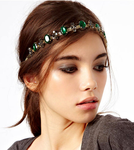 Women Gem Gemstone Rhinestone Green Boho Bohemian Party Hair chain head band