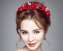 Women Girl Wedding Bride Red Flower Gold Leaf Hair Headband Garland Hairpiece