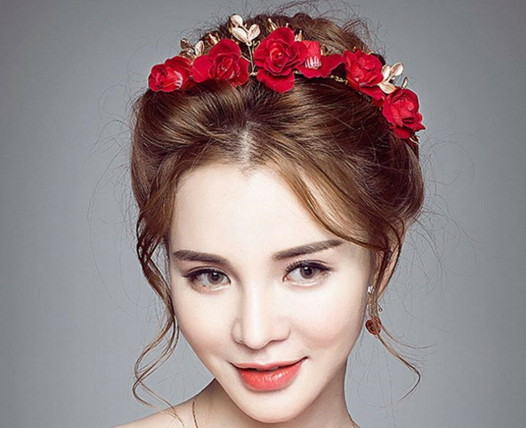 Women Girl Wedding Bride Red Flower Gold Leaf Hair Headband Garland Hairpiece
