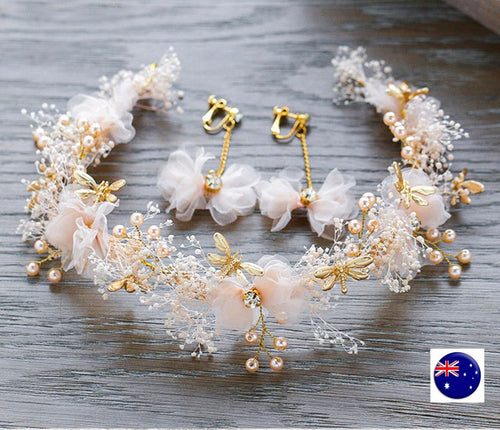 Women Pink Breath baby Wedding Bride Hair Headband Head Crown garland earrings