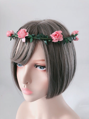 Women Peach Pink Flower Leaf Party Hair Headband Simple Tiara Crown Garland