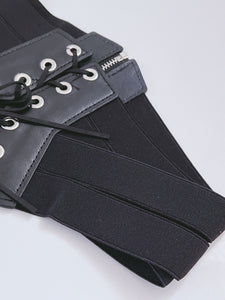 Women Black Retro Party Waist Elastic Wide Corset Belt band Tie up Zip Wrap