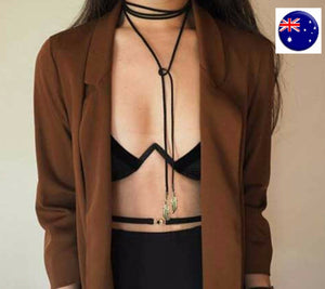 Women retro BOHO Black Syn Suede leather leaf choker Long Necklace tie up Straps