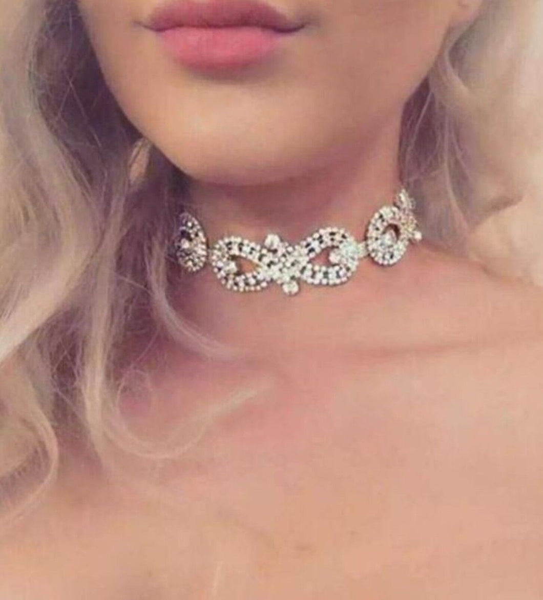 Women Lady Bride Prom Party White Crystal Rhinestone Short Choker Necklace