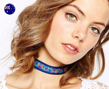 Women Girl retro Ethic Bohemian Blue Embroidery Choker short Neck Wrap Necklace