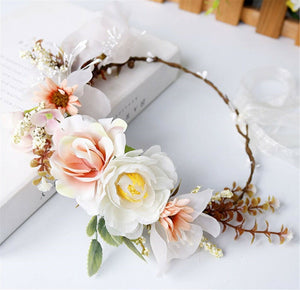 Women Beige Pink flower Girl Bride wedding Party hair Headband Garland Tiara