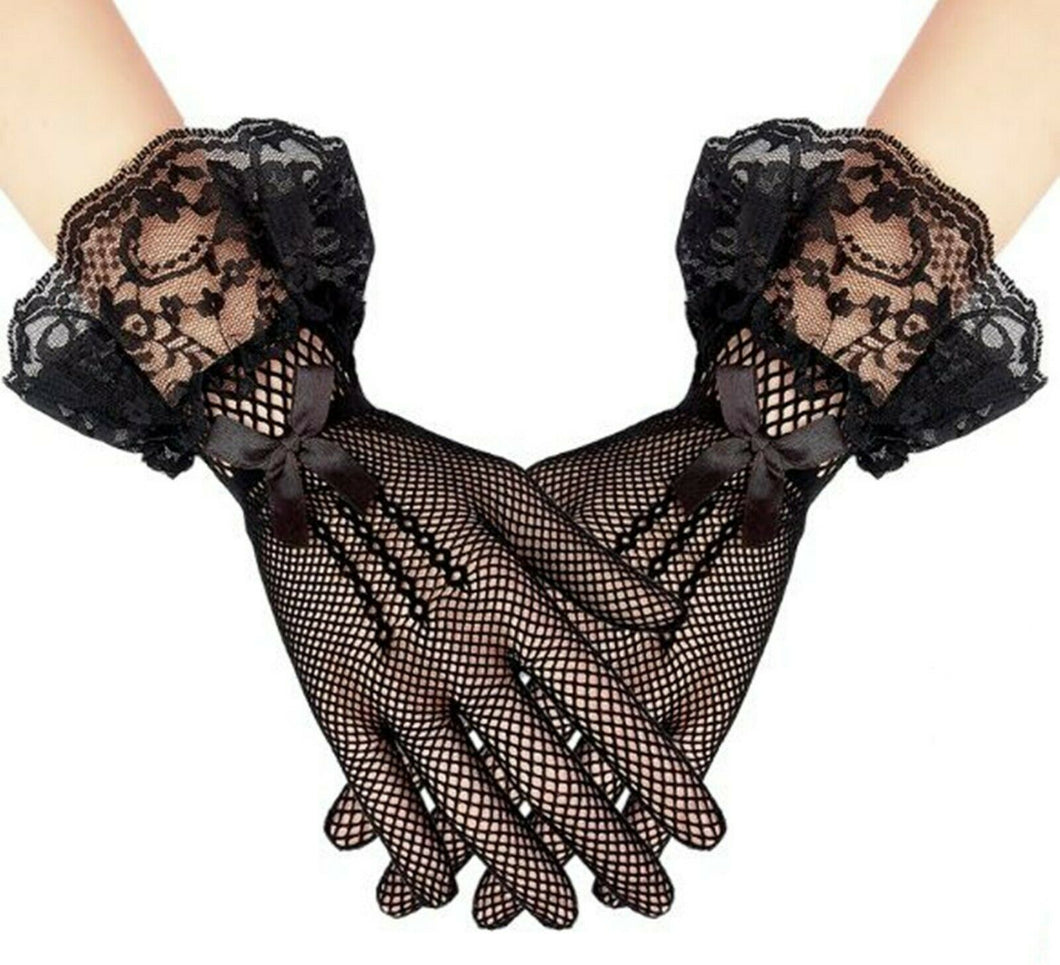 Women Lady Cosplay Opera Ball Party Fancy Wedding Lace Bow Short Black Gloves