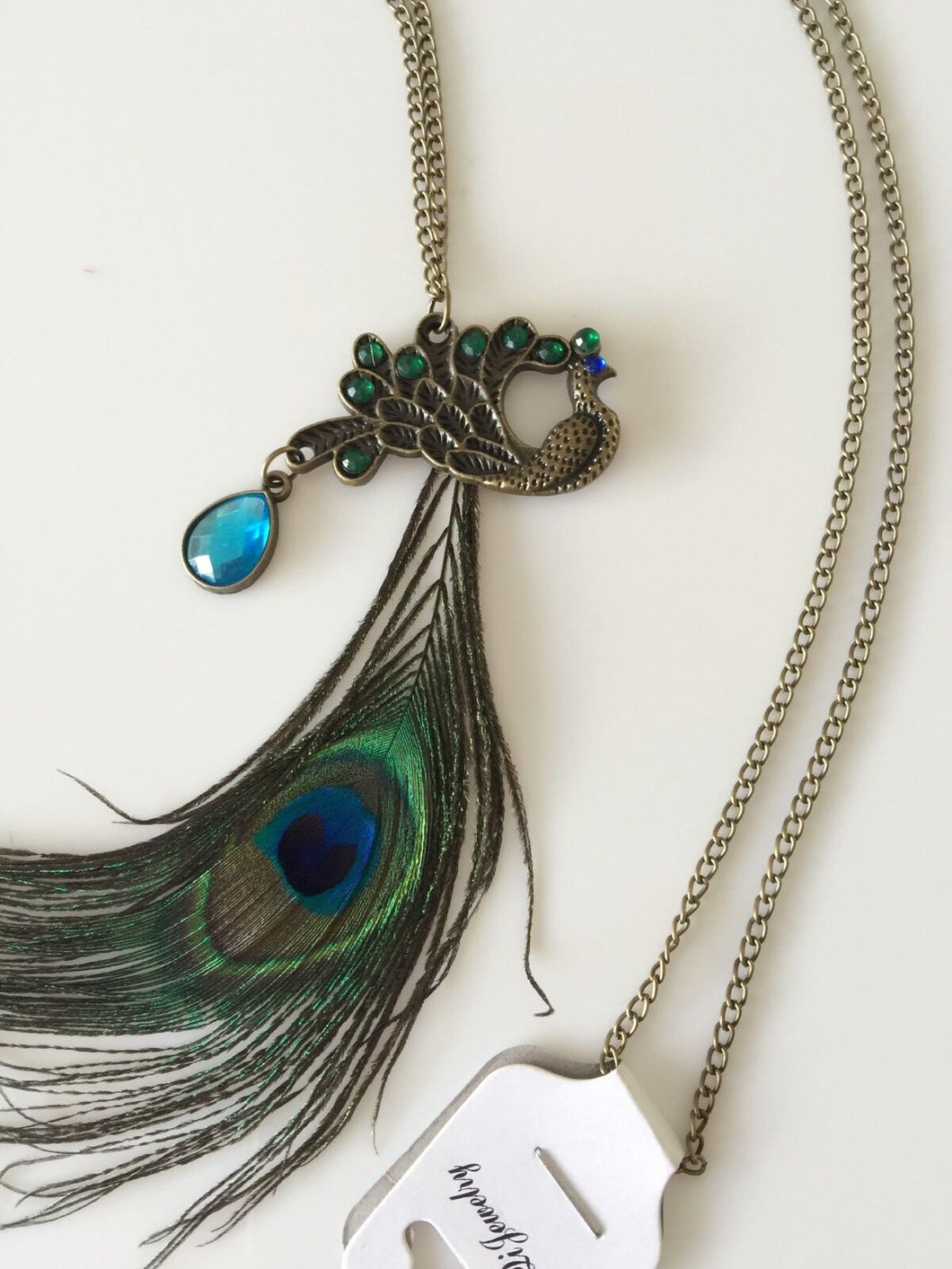 Women Retro Metallic Peacock Feather Look blue Green Sweater Long chain Necklace