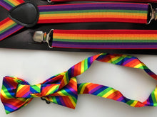 Man Lady mardi gra Costume Rainbow Colorful Stripe Brace Suspender belt bowtie