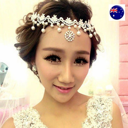 Women White Wedding Bride Bridal Crystal Lace Pearl Party Hair Headband Prop