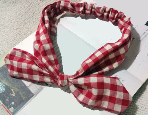 Women Retro Girls Red White Check Ear Bow Elastic Party Hair Head Band Headband