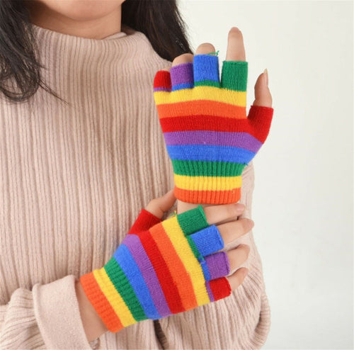 Children Colorful Rainbow Warm Knit Half Fingerless SHORT Gloves Mittens 5-15YR