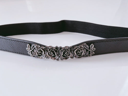 Women Metallic Retro silver Rose slim thin Elastic Dress Narrow Waist Belt Band