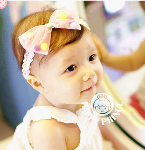 Cute Baby Girls Kid Pom Pom Pink Lace Bow Ribbon Elastic headband hair band Prop