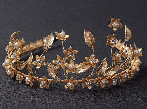 Women Girl Bride Retro Leaf Pearl crystal Party Gold Hair Tiara Headband Prop