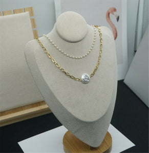 Women Chic Gold color Titanium Plated Pearl Layered Short Chain Necklace