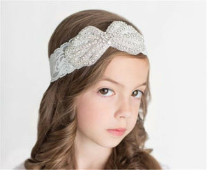 Wedding flower Girl Crystal Lace Hair band head piece Tiara Bow Elastic Headband