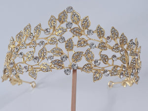 Women Forest Queen Prom Royal Gold Leaf Crystal High Hair Headband Tiara Crown