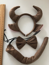 Women Kid Brown Cow Bull Horn Costume Ear tail bowtie Party Hair headband set