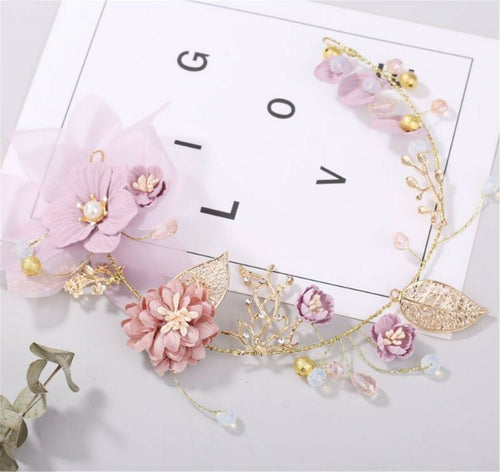 Women Wedding Bride Gold leaf Pink Flower Hair band head piece garland tiara