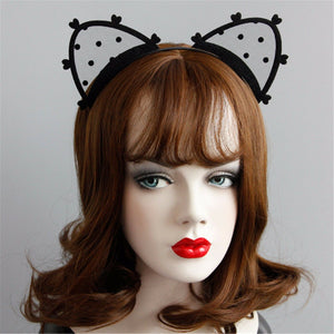 Women Girl Black Lace Dots Ear Prom hairband Costume Party Hair headband Prop