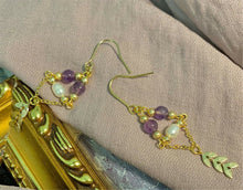 Women Handmade 14k Gold plated Natural Pearl Purple Crystal Dangle Earrings