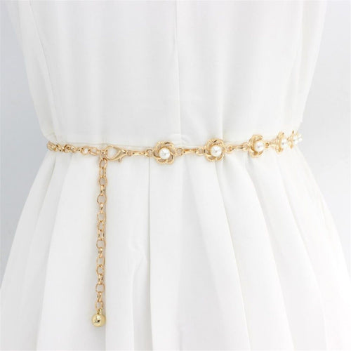 Women Pearl Metallic Gold Flower Chain Dress Tassel Slim Belt