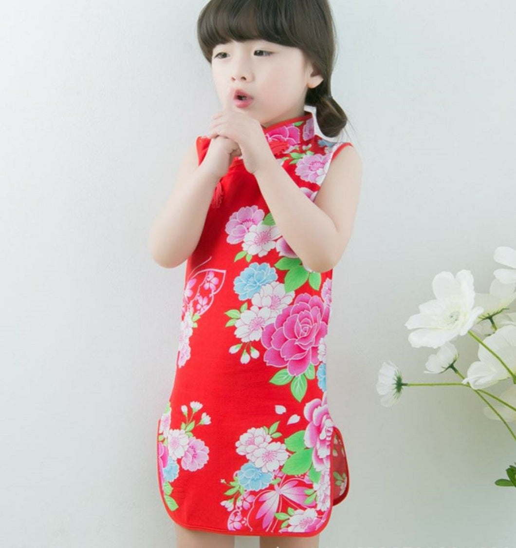 Kids Girl Chinese Asian Traditional QIPAO Costume red Peony Tunic Summer Dress