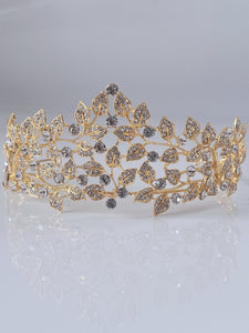 Women Forest Queen Prom Royal Gold Leaf Crystal High Hair Headband Tiara Crown