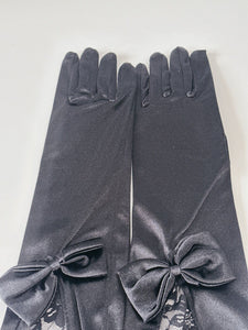 Women Opera Bride Hollywood Party Fancy Ball Wedding Satin Black Lace Bow Gloves