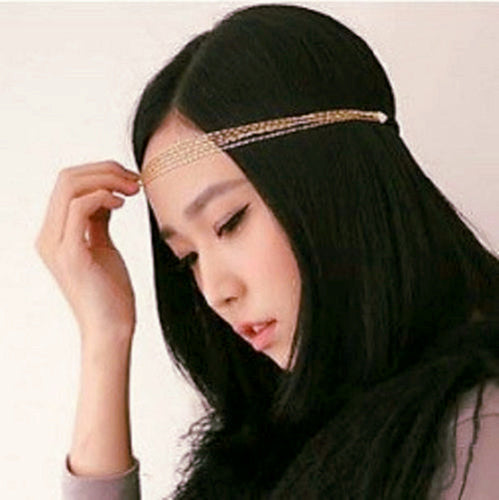 Women Gold color BOHO Forehead Retro Hair Cuff Head Hair band Headband Chain
