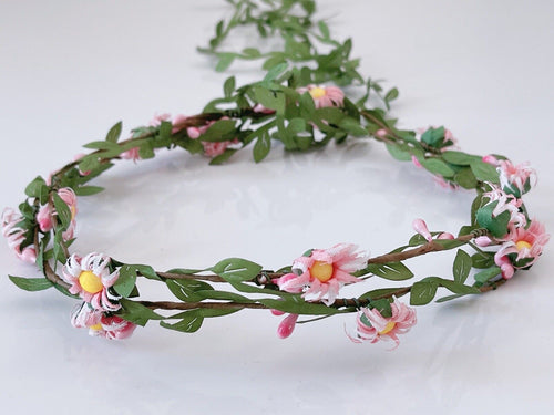 Women Greenery Daisy Leaf Pink Flower Hair Headband Crown Tiara Garland Wreath