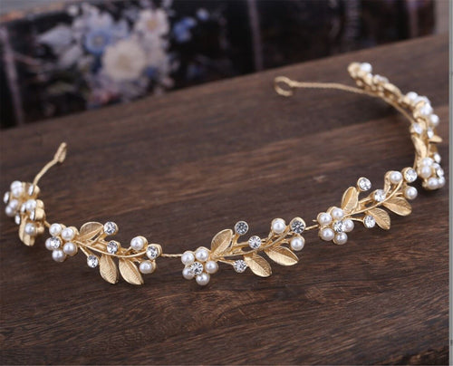 Women Girl Gold leaf Greek Bohemian Pearl Slim Wire Hair Band Headband Tiara