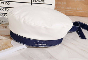 Women White Sailor Marine Navy Anchor Beanie French Beret Hat Cap with Ribbon