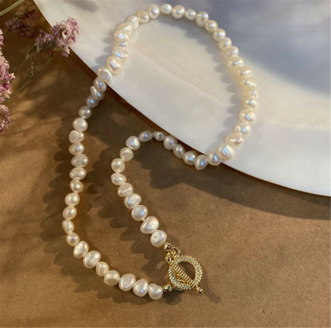 Women Gold Plated Natural Real Freshwater Pearl Short Necklace Choker Gift her