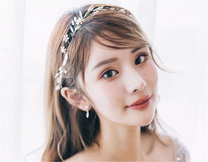 Women White Flower Leaf Bride Headband Hair Piece Ribbon Jewelry Earrings set