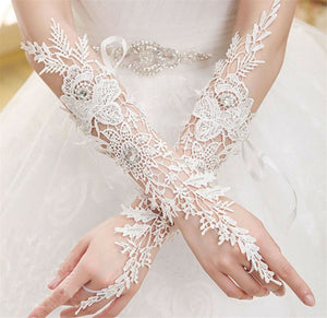 Women Lady Opera Bridal Fancy Crochet Wedding Party Cream white Arm long Gloves