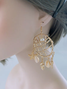 Women lady Retro boho Gold Color Star Shell Dream Catcher Look Dangle Earrings