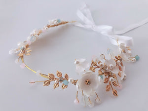 Women Gold Leaf White flower Wedding Bride Party Hair band Headband Crown Tiara